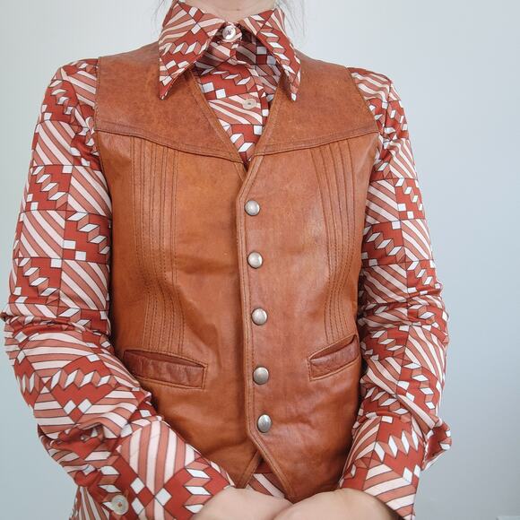 70s Dagger Collar Patterned Print Button Up Shirt Medium - Picture 5 of 11